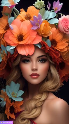 a woman with flowers on her head and long blonde hair wearing an orange flower crown