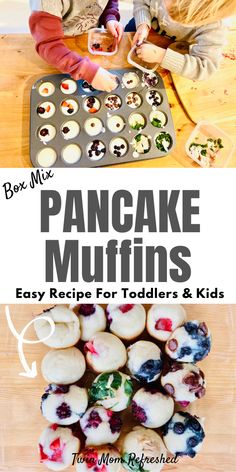 two kids making muffins with the words box mix and pancake muffins