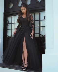 Sexy Black Prom Dresses Long Sleeves Side Slit Puffy Evening Gowns, 593 sold by Loveprom on Storenvy Gaun Tulle, Black Lace Formal Dress, Evening Dress Long, Prom Dresses 2018, V Neck Prom Dresses, Prom Dress Ideas, Lace Formal Dress, Long Sleeve Prom, Black Dress Formal