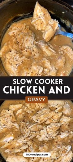 slow cooker chicken and gravy in a crock pot with text overlay