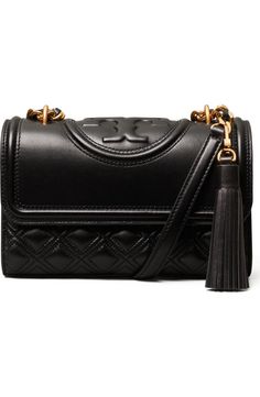 Tory Burch Fleming Small Convertible Leather Shoulder Bag | Nordstrom Quilted Leather Double Flap Bag, Quilted Double Flap Shoulder Bag For Travel, Designer Quilted Crossbody Flap Bag, Designer Quilted Crossbody Bag, Logo Style, Black Shoulder Bag, Small Shoulder Bag, Quilted Leather, Embossed Logo