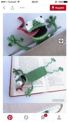 crocheted bookmarks with an image of a frog on top of it