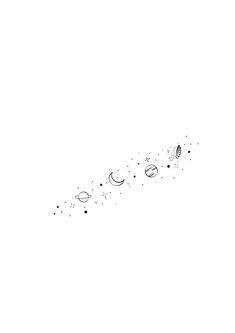 a black and white drawing of the moon, stars and planets on a white background