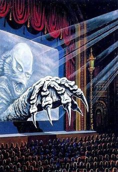 an illustration of a giant creature in front of a crowd at a theater with lights on