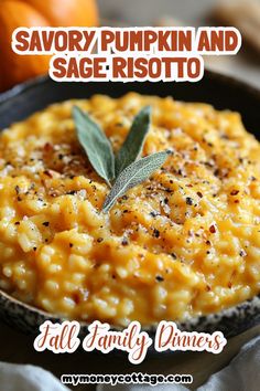 an image of savory pumpkin and sage risotto with text overlay