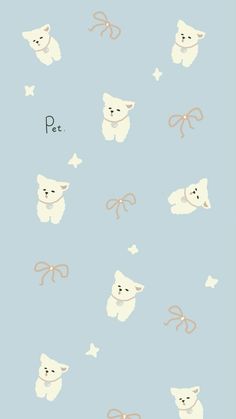 a blue background with small white dogs and bows on the bottom right hand corner, which says pet