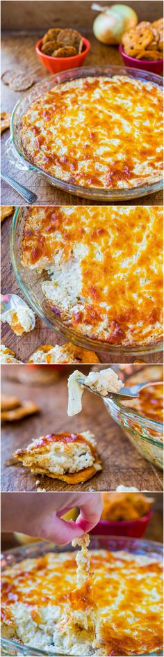 three different views of food being prepared in glass pie pans on a wooden table