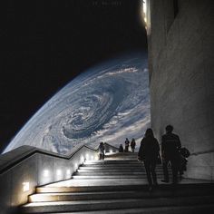 some people are walking up some stairs to the space station and there is a view of earth in the distance