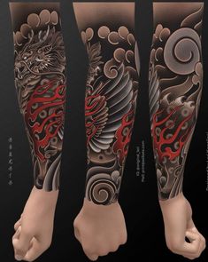 an arm and leg tattoo design with red ink on black paper, in the shape of a dragon