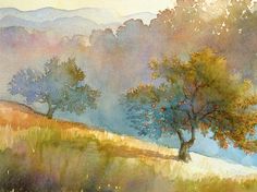 watercolor painting of two trees on a hill with mountains in the background and foggy sky