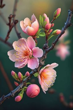 pink flowers are blooming on a tree branch