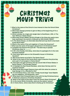 the christmas movie trivia is shown in green and white with an elf's sleigh