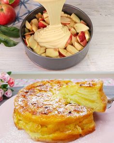 there is a cake with apples in the pan and on the plate next to it