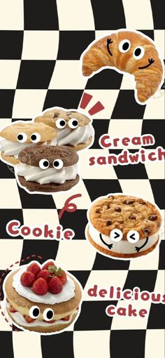 an advertisement for some kind of desserts with eyes and mouths drawn on the side