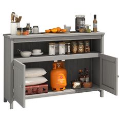 an open cabinet with spices and condiments on the top, including orange juice