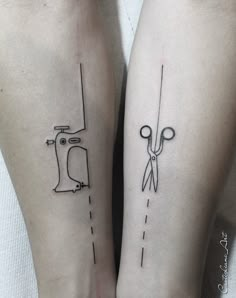 two people with matching tattoos on their legs, one has scissors and the other has a sewing machine