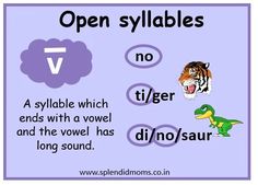 a poster with words that say open syllables no tiger and the word dino / saur