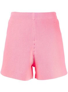 coral pink knitted construction high-waisted elasticated waistband two side slit pockets rear welt pocket thigh-length Knitted Shorts, Knit Shorts, Coral Pink, Short Outfits, Welt Pocket, High Waist, Coral, High Waisted, Pink