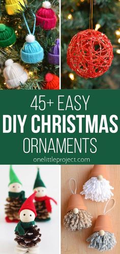 christmas ornaments made out of pine cones and yarn, with text overlay that reads 45 easy diy christmas ornaments