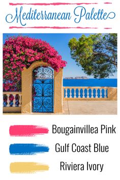 an advertisement for mediterranean palee with the words, bougainvillea pink gulf coast