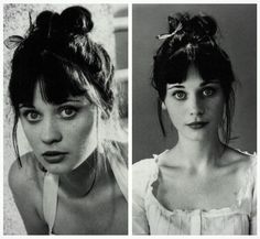 two black and white photos of women with hair in buns, one wearing a blouse