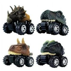 four different types of toy trucks with dinosaurs on them