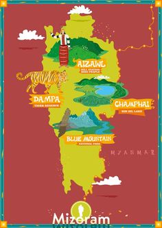 an illustrated map of the country of mizoram with all its major cities, rivers and lakes