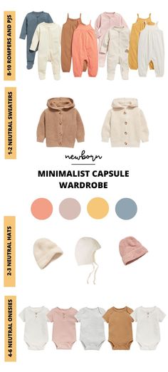 a bunch of baby clothes that are on top of each other with the words minimalist capsule wardrobe