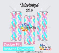 two pink and blue patterned tumbles with the text, design file instant