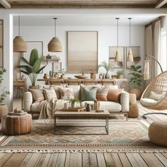 a living room filled with lots of furniture next to a wooden floor covered in potted plants