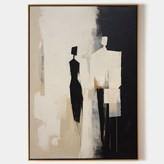 an abstract painting with black and white colors on the wall, depicting two people standing next to each other