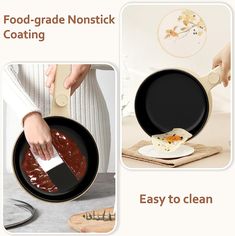 a woman is using a spatula to clean an iron skillet with food - grade nonstick coating