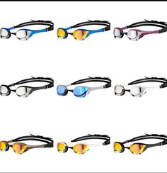 six pairs of swimming goggles with different colors