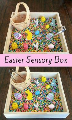 two wooden trays filled with colorful candies and easter eggs on top of each other