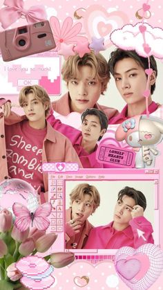 the wallpaper is pink and has pictures on it with hearts, flowers, and other things