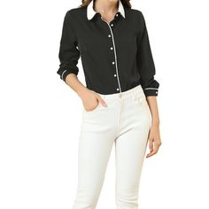 Create an endless look in this Allegra K piping button up shirt. It is a perfect match for your trousers and heels for a charming look. Occasion: Work, Meeting, Coffee Shop, etc. Please check your measurements to make sure the item fits before ordering. Measurement (in inches) International Size----Chest Girth-----Waist Girth-----Shoulder Width-----Total Length XS----------------36 5/8------------------34 5/8------------------14 5/8---------------25 1/4 S------------------38 5/8----------------- Pan Collar Blouse, Tie Neck Shirt, Shirt Wrinkles, Peter Pan Collar Blouse, Work Meeting, Cuffed Top, Women's Button Down Shirt, Blouse Tops, Chambray Shirt