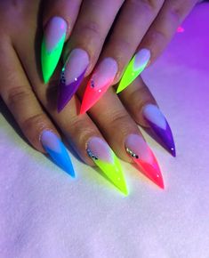 Hip Nails, Neon Rainbow Nails, Summer French Nails, Hand Nails, Rainbow Nails Design, Goth Nails, Colorful Nails, Glow Nails