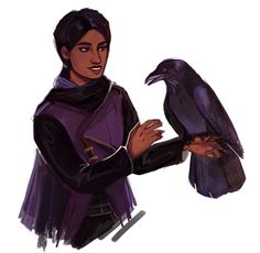 a drawing of a person holding a bird