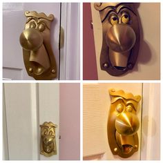 four different door knobs with faces and noses on them, all in gold or silver