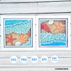 two framed pictures with seashells and starfish on them, next to the words svg png dxf eps