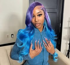 Colorful Hair Black Women, Purple Lace Wig, Purple Ombre Wig, Wigs Purple, Exotic Hair Color, Bright Blue Hair, Purple Blue Ombre, Blue Wigs, Exotic Hair