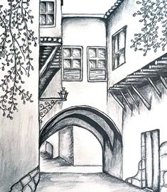 a pencil drawing of an alleyway with trees and buildings on either side by itself