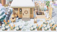 a small wooden house surrounded by plants and flowers in the snow with a snowy roof