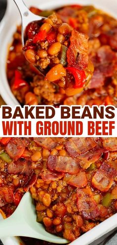 baked beans with ground beef in a casserole dish and on a spoon over it