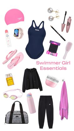 the contents of a swimsuit and accessories are arranged on a white background with text that reads, summer girl essentials