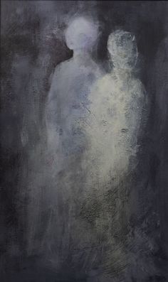 an abstract painting with white and black colors on a dark background, depicting a person standing in the fog