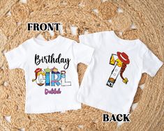 two t - shirts with the words birthday and happy birthday written on them