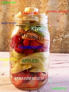 a jar filled with fruit labeled in different languages