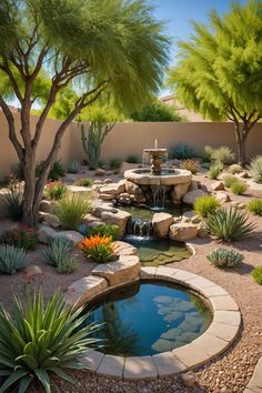 a small pond in the middle of a desert garden with rocks and plants around it