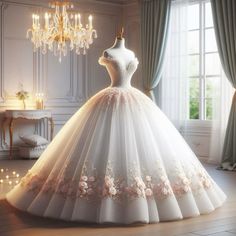 a white wedding dress with pink flowers on it in front of a chandelier